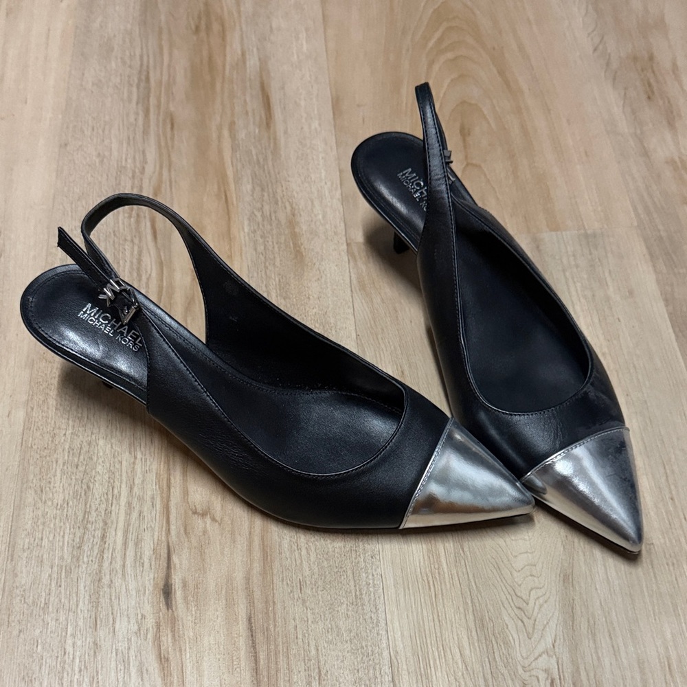 Michael Kors Kadence Leather Black Heels with Silver Accents